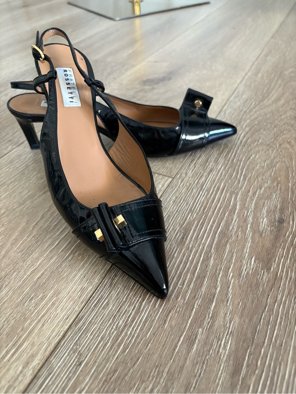 Fratelli Rossetti Black Patent Pointed Slingback Pumps with Gold Accents